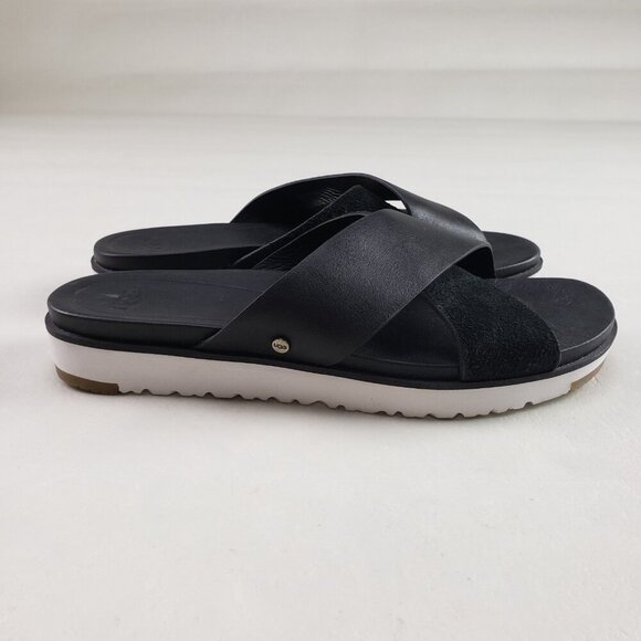 Ugg Kari Leather Slide Sandal Womens 7.5 Black Slip On Open Toe Crisscross Strap - Picture 4 of 10